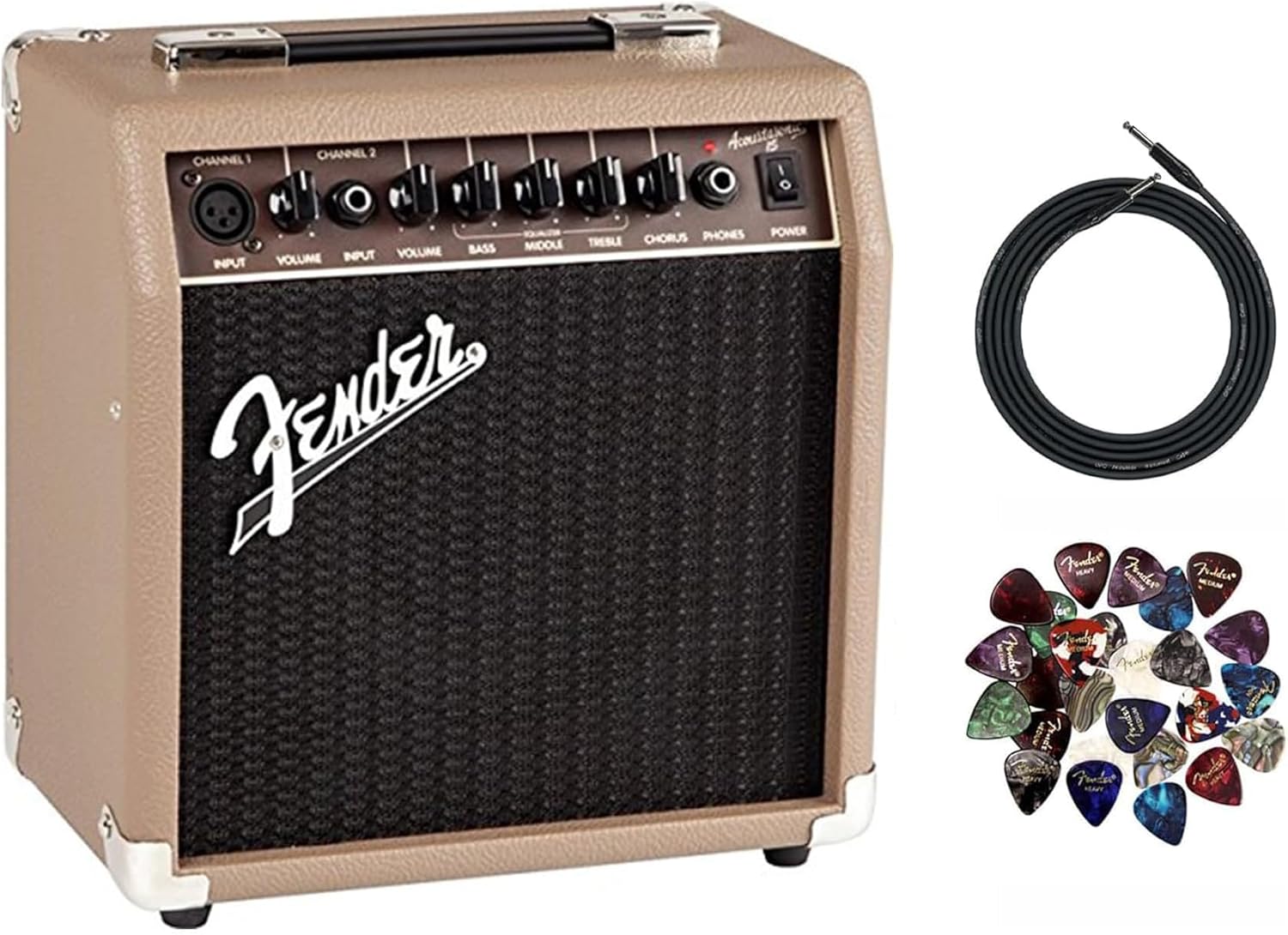 Fender Acoustasonic 15 Acoustic Guitar Amplifier Bundle with Instrument Cable, Picks, and Austin Bazaar Polishing Cloth