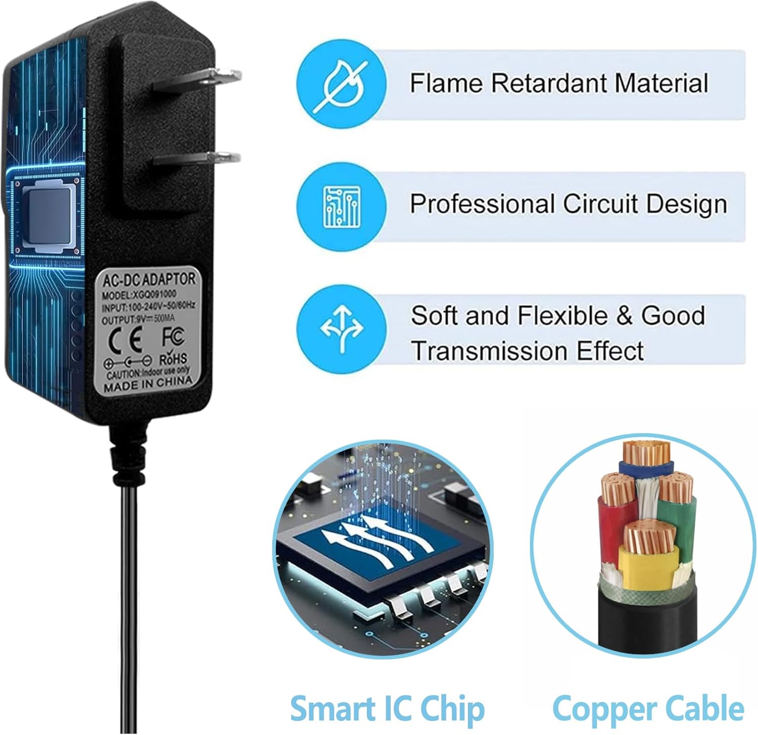 Rockhouse 9V DC 500mA Power Supply Center Negative for Guitar Pedals 9 Volt AC DC Power Cord Adapter for Behringer Boss Zoom 1 Spot